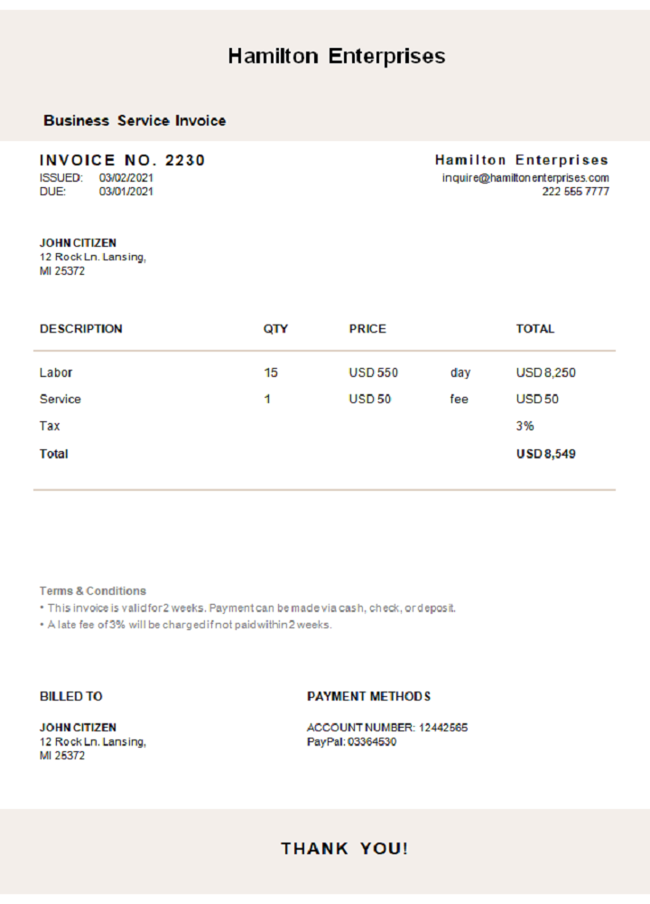 USA Hamilton Enterprises invoice PSD template